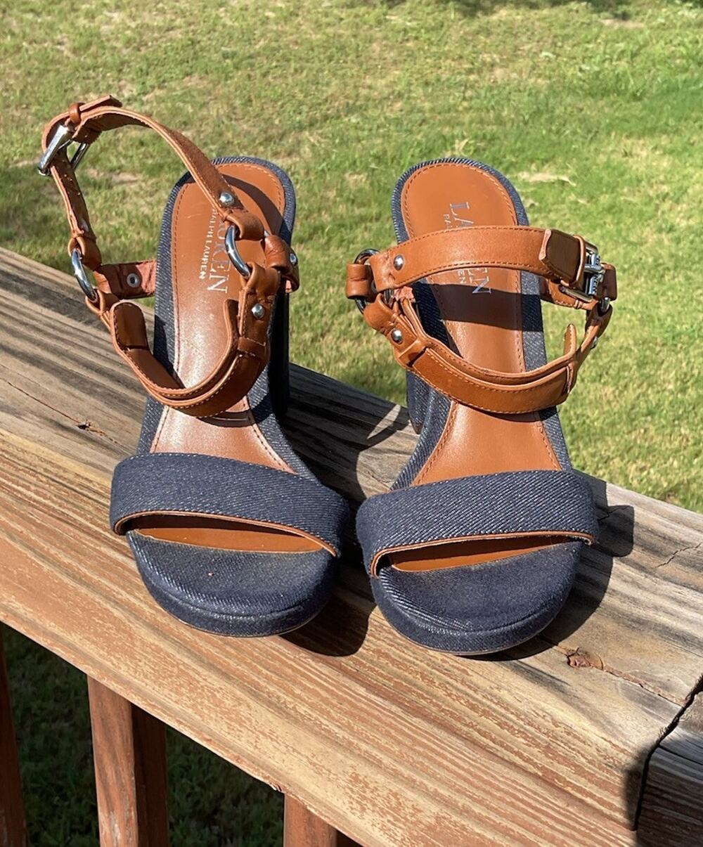 RALPH LAUREN Pump Heel Open Toes Shoes Denim 7 B Casual Ankle Strap Feminine
